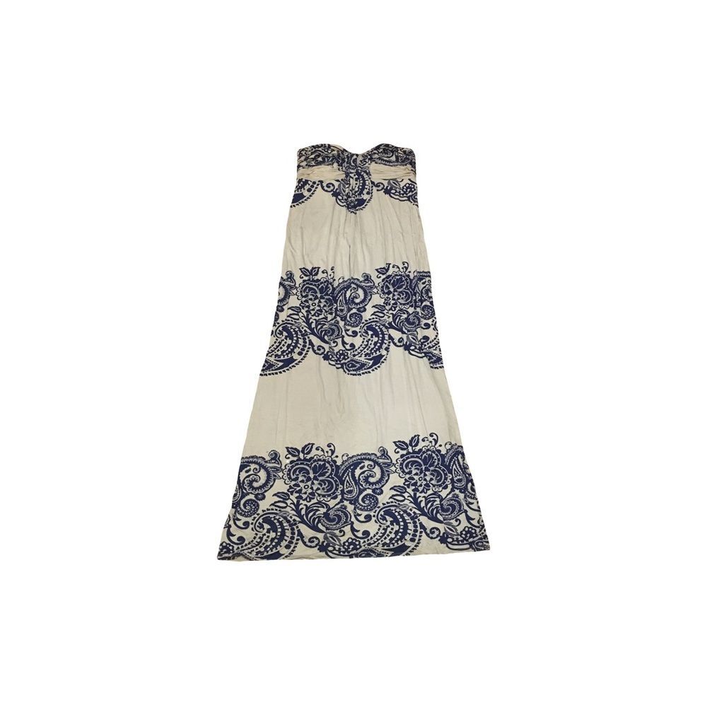 Rubber Ducky Beige & Navy Blue paisley print Maxi Strapless Dress